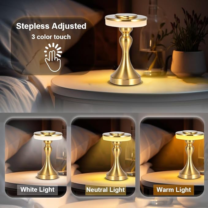 Portable Metal LED Table Lamp,Cordless Battery Table Lamp,3 Color Touch Control Rechargeable Desk Lamp,3-Levels Brightness Bedside Battery Lamp,Night Light
