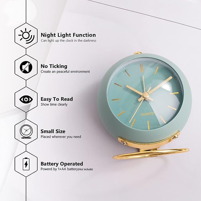AYRELY® Battery Operated Desk Alarm Clocks with Light,Retro Silent No Ticking Analog Small Clock,Loud Table Clock for Bedside/Bedroom/Kitchen/Office/Travel/Kids/Room Decor Aesthetic Vintage(Green)