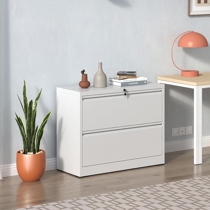 2 Drawer Lateral File Cabinet with Lock for Home Office Metal Filing Cabinet with Adjustable Hanging Bars Horizontal Filing Organization Storage Cabinet for Letter/Legal/A4/F4 Size White