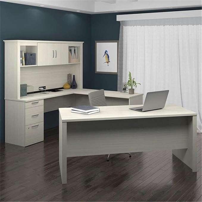 Atlin Designs 66" W x 95.5" D Modern Contemporary U-Shaped Wood Computer Desk with Hutch, for Home Office, Fully Reversible Unit, in White & Chocolate Finish