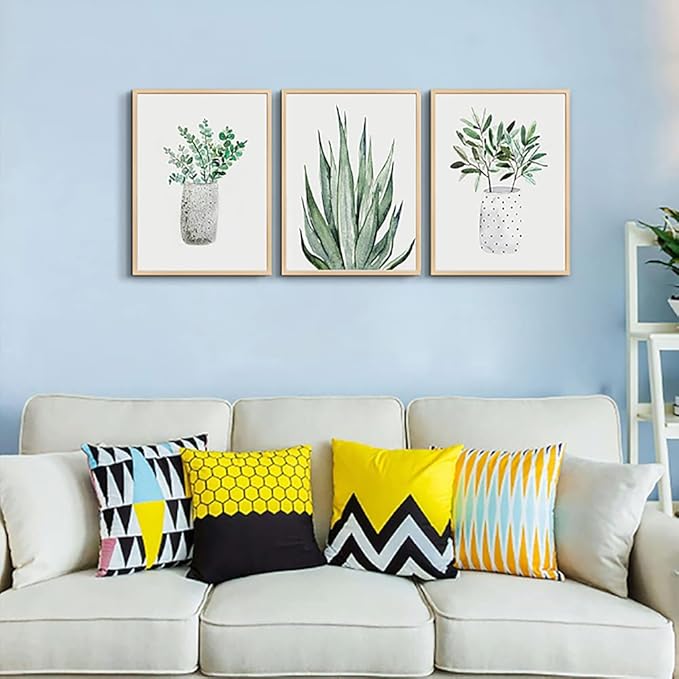 Natural Wood Framed Wall Art Painting For Dining Room Family Wall Decor For Bedroom Kitchen Wall Decoration Living Room Decor Green Leaf Pictures Artwork For Home Walls 3 Piece Framed Art Prints