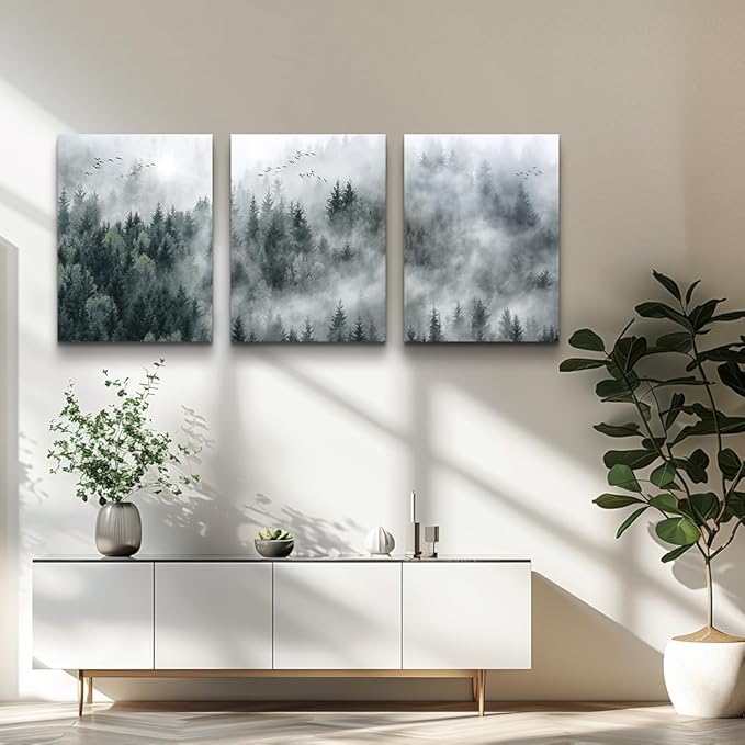 MHARTK66 Wall Decor Living Room Large Size Canvas Wall Art For Bedroom Foggy Forest Trees Landscape Wall Painting Office Decor Wall Decorations Ready To Hang Framed Wall Pictures Home Decor 3 Pieces
