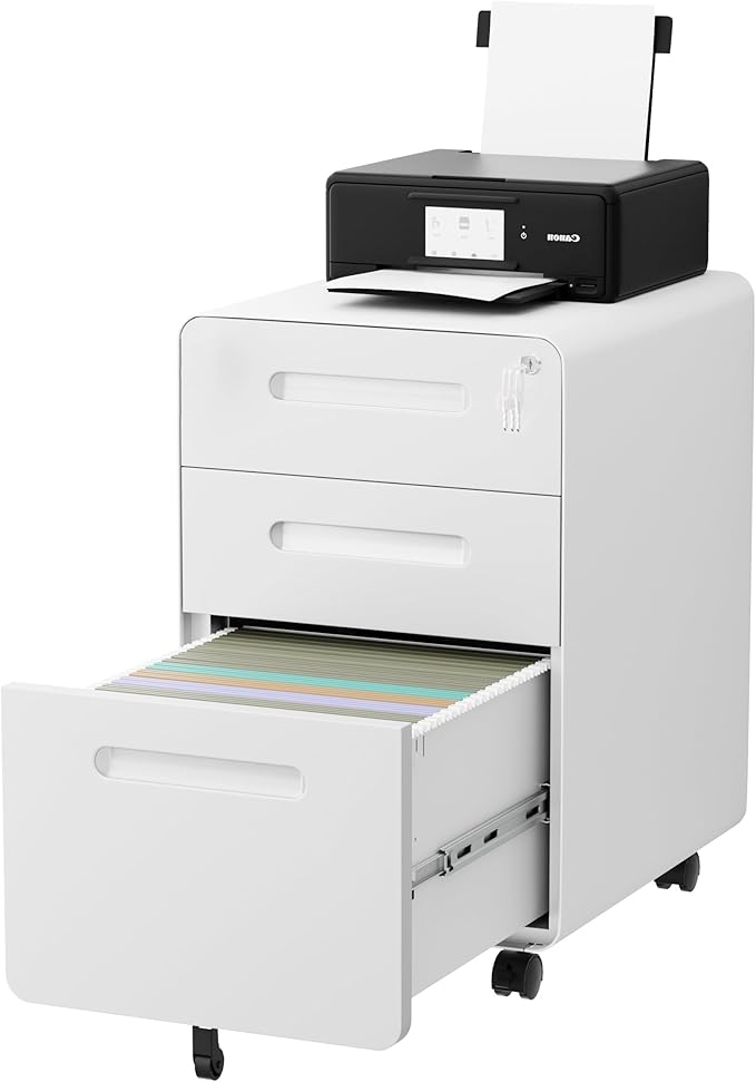 3 Drawers File Cabinet, Mobile Filing Cabinet with Lock, Steel, Fully Assembled Except Casters, for Home Office, for A4, Letter, Legal File Folders, White