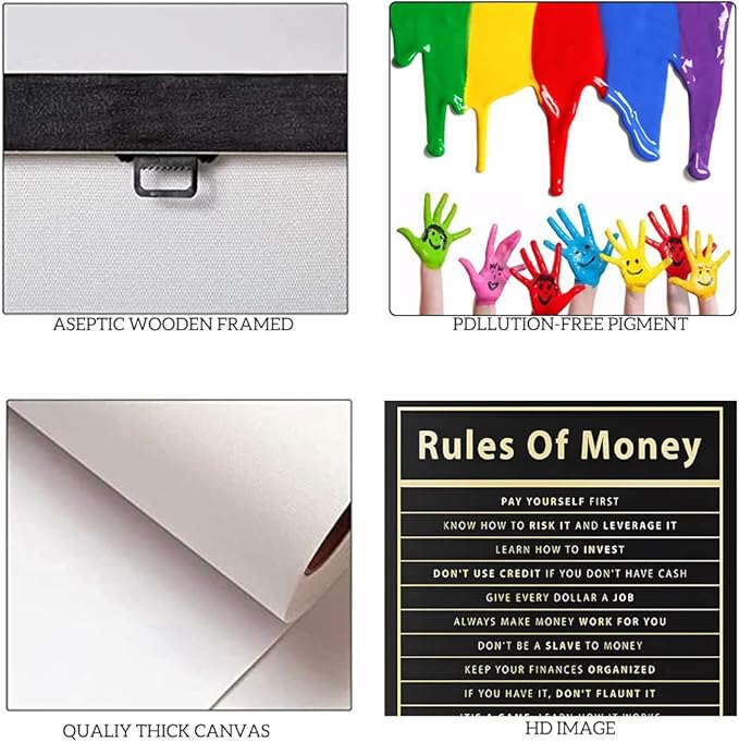 Rules Of Money Motivational Wall Art Canvas Print Office Decor Financial Poster Entrepreneur Millionaire Inspirational Quote Framed Easy to Hang-12 inch x 16 inch