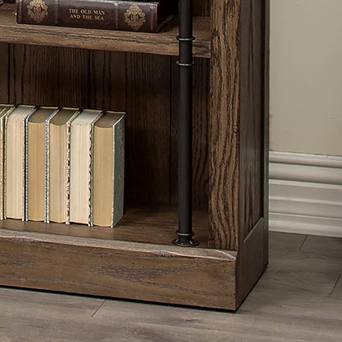 Martin Furniture Avondale 120" W Contemporary Wood Bookcase Wall with Ladder Storage Organizer Display, 5 Adjustable Shelves, Ringed Steel Frame, Fully Assembled, in Brown Finish
