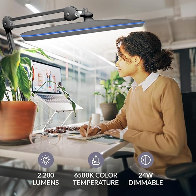 Neatfi XL 24W LED Desk Lamp with Base – 2,200 Lumens | 23” Wide Shade | Dimmable Eye-Caring Task Light | Adjustable Arm | Office, Study, Crafting & Nail Techs (Silver, Non-CCT with Base)