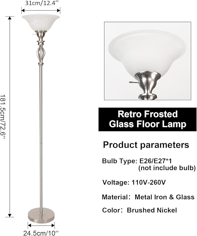 Torchiere Floor Lamps for Living Room, Standing Lamp with White Alabaster Glass Shade, Corner Floor Lamp Pole Lamp - Elegant Floor Lamp for Bedrooms
