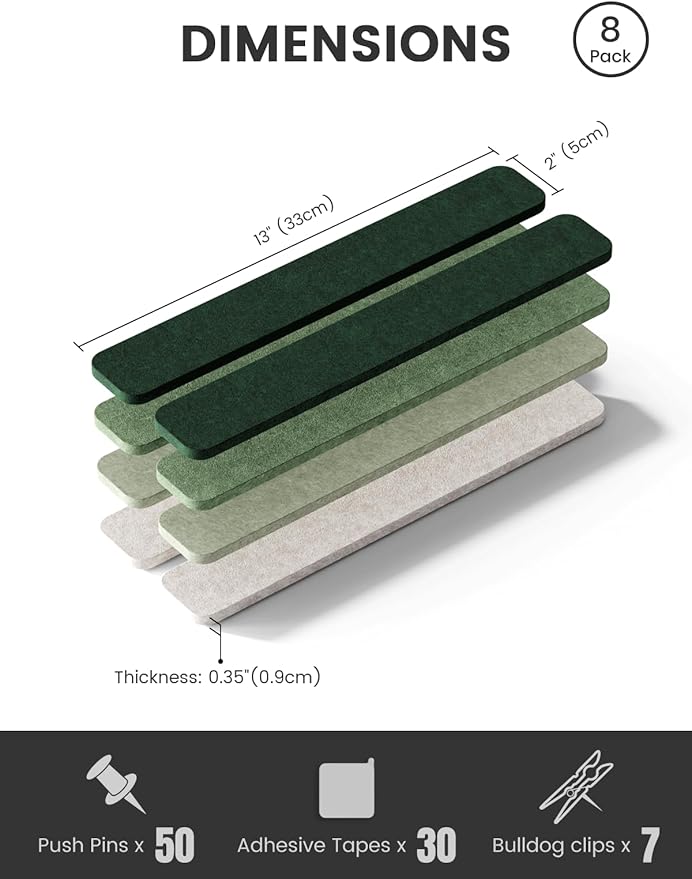 Cork Board Alternative Felt Strip Board 8-Pack 13"x2", Office Pin Board with 50 Push Pins, Adhesive Install for Bedroom Door & Home Office(Sagewood)