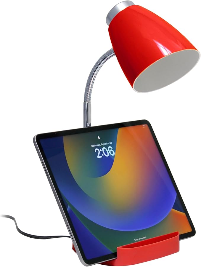 Simple Designs LD1002-RED Gooseneck Organizer Desk Lamp with iPad Tablet Stand Book Holder, Red