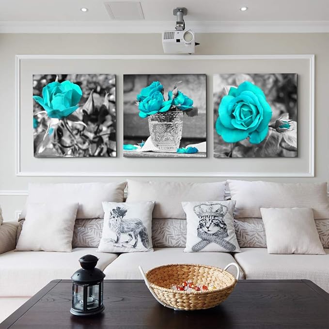 wall art for living room Black and white rose flowers Blue Big Canvas Prints Wall Decor Artwork 24" x 24" 3 Pieces Framed Watercolor Giclee with Black Border Ready to Hang for bedroom Home Decoration