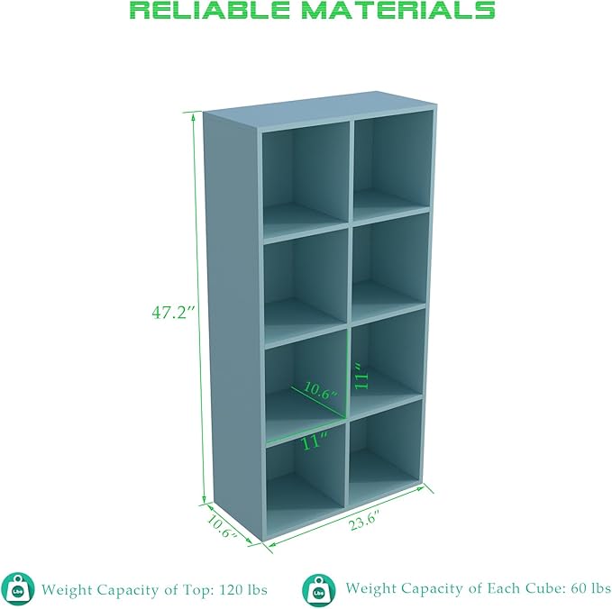 8-Cube Storage Shelf Bookcase - Wooden 4-Tier Floor Standing Open Bookshelf, Modern TV Stand up to 55 Inchs for Home and Office, Light Blue
