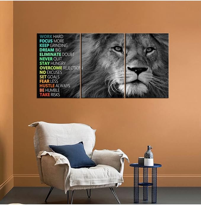 Motivational Lion Wall Art 3 Pieces Poster Inspirational Canvas Positive Wall Art Quotes Success Canvas Artwork Picture Print Framed for Home Office Living Room Gym Wall Decor [48''Wx 24''H]
