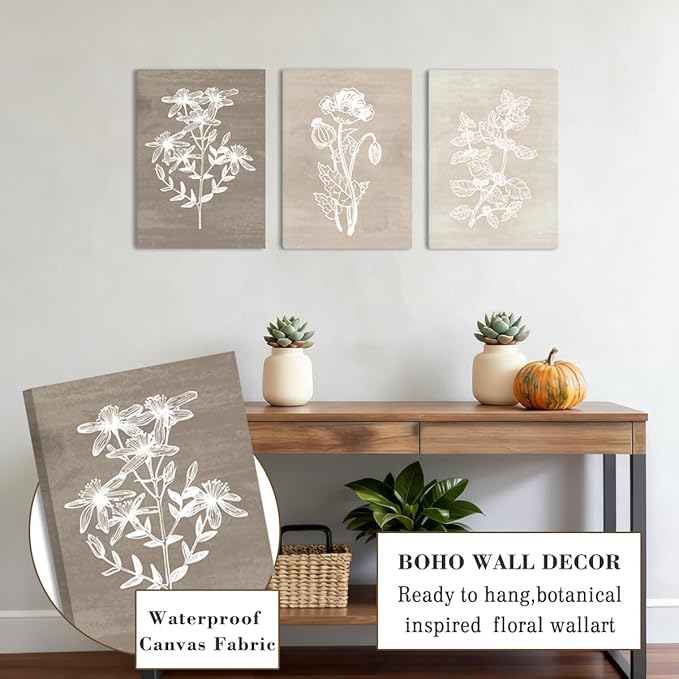 BINCUE Neutral Botanical Plant Canvas 6 Pieces Rustic Farmhouse Wall Art Natural Botanical Canvas Artwork Farmhouse Decor Boho Wall Art for Living Room Bedroom Bathroom Office 12"x 16"