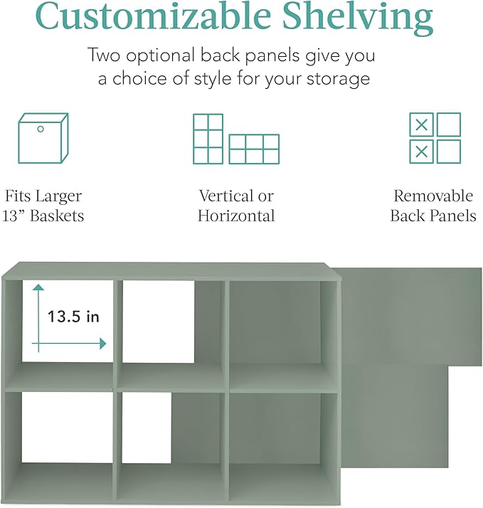 Best Choice Products Kids Bookcase 6-Cube Storage Organizer, 13.5in Shelf Opening, Bookshelf, Toy Storage, Customizable w/ 3 Removable Back Panels – Sage