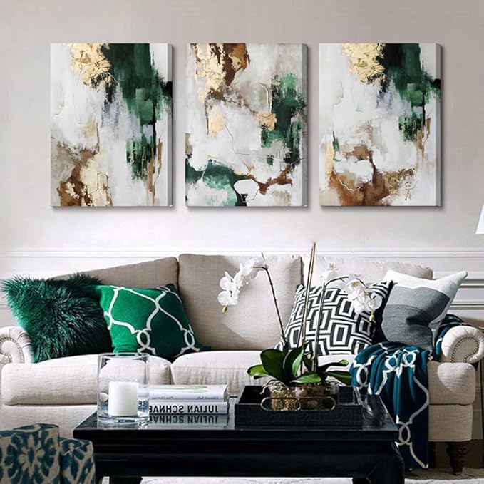 3Pcs Framed Green and Gold Canvas Wall Art Abstract Posters Print Brown and Gray Line Pictures Decor for Living Room Bedroom Bathroom Home Decoration