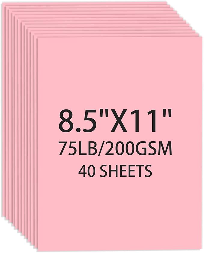 Cardstock 8.5 X 11, 40 Sheets Pink Card Stock, 75lb/ 200gsm Copy Paper, Cardstock Printer Paper For Art, Drawing, Invitations, DIY Cards, Watercolor, Craft, Construction, School & Office Supplie