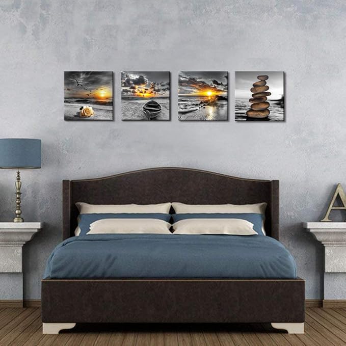 Bamdeya Black and White Gold Wall Decor Sea Sunset Beach Wall Art Seascape Zen Painting Sunrise Picture Ocean Canvas Print for Living Room Bedroom Bathroom Home Wall Decoration Framed Art