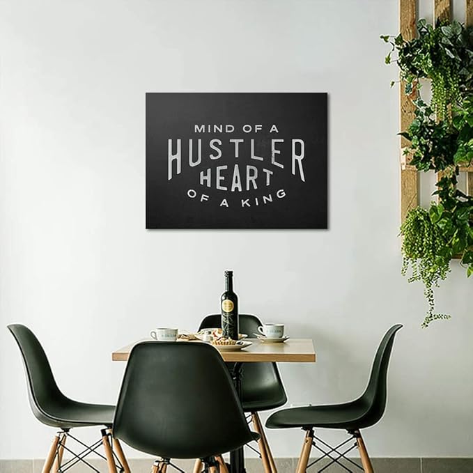 Mind Of A Hustler Heart Of A King - Inspirational Contemporary Entrepreneur Quotes Canvas Wall Art Black and White Motivational Framed Artwork HD Print Easy to Hang-24 Wx18 H