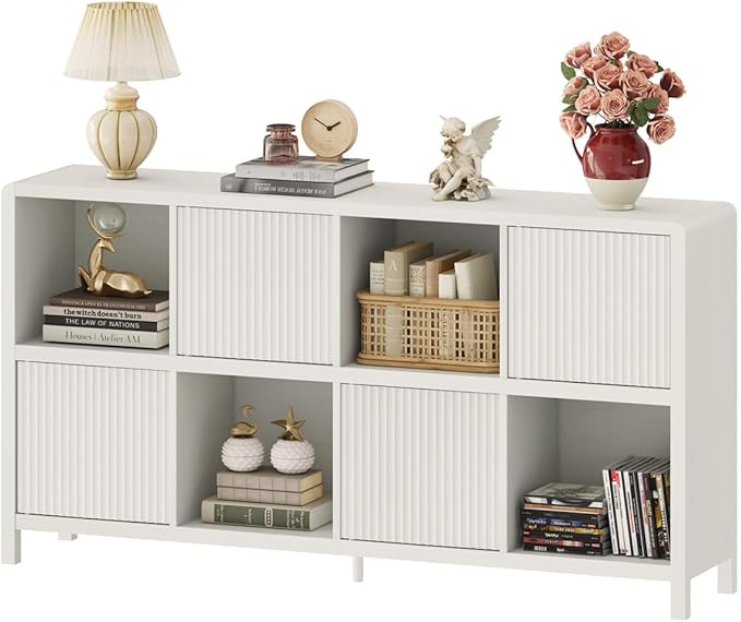 FATORRI Bookcase 8 Cube Storage Organizer, Horizontal Bookshelf with 4 Doors, Long Wooden Book Shelf for Living Room, Home Office (Antique White)