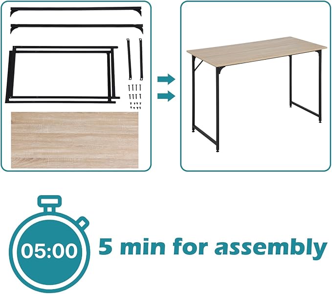 Dkelincs 47 Inch Computer Desk Home Office Desk Gaming Writing Desk Modern Simple Style Study Work Table with Metal Frame, Large Legroom, Adjustable Feet, Water-Resistant, Nature