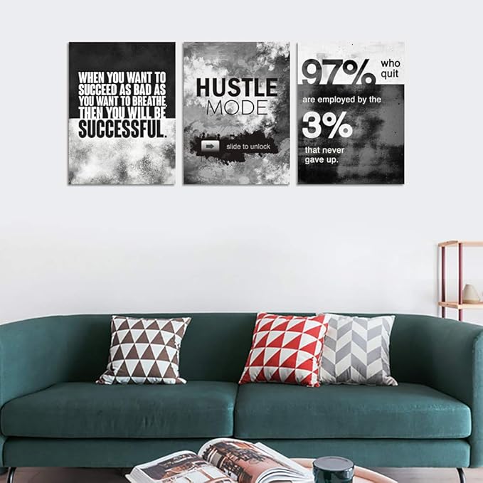 Motivational Office Wall Decor, Inspirational Canvas Wall Art, 3 Pieces Hustle Posters Prints Entrepreneur Success Quote Wall Decor for Lobby Meeting Room Hallway Living Room(36”Wx16”H)