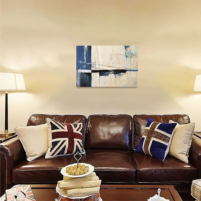 Large Abstract Canvas Wall Art Modern Geometric Art Paintings Blue Blocks and Lines Painted on Cream Background Elegantly Framed Artwork Pictures for Living Room Bedroom Wall Decor 24x16in