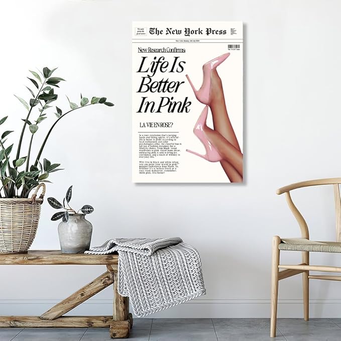 Balsuka Trendy Baby Pink Hot Girl Poster Life Is Better In Pink Newspaper Wall Art Retro High Heel Picture 70s News Headline Canvas Prints Aesthetic Decor for Girly Bedroom Dorm 24x36inch Unframed