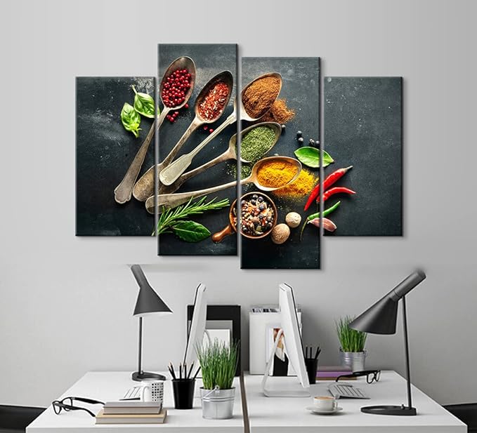 4 Pieces Kitchen Canvas Wall Art - Spices Poster, Modern Dining Room Wall Decor (56''W x 40''H)