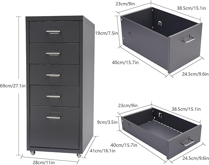 Metal File Storage Cabinet, 5 Drawer Vertical Filing Cabinets with Wheels Under Desk Storage Drawers, 11 * 16.1 * 27.1in Mobile File Cabinets Under Desk Cabinet for Bedroom, Office (Grey)