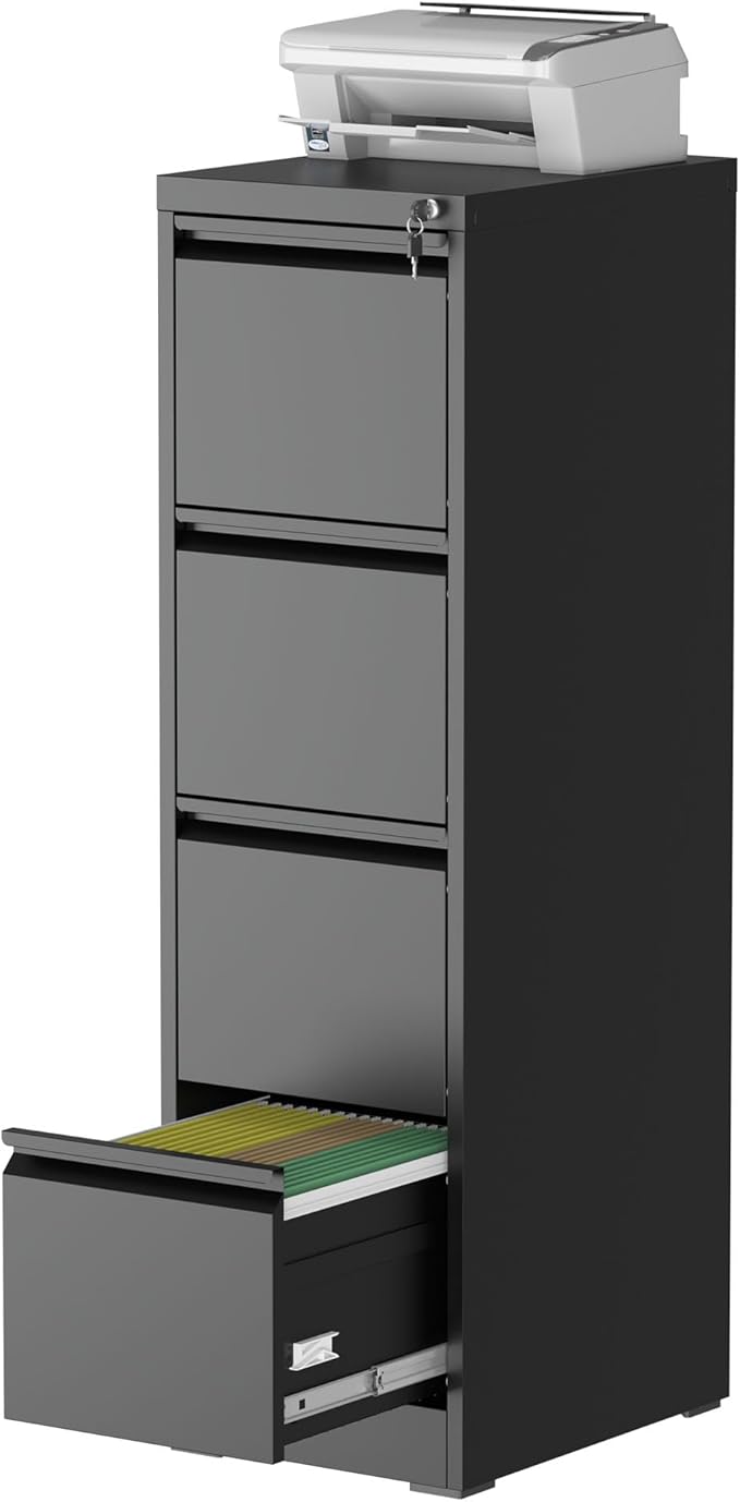 4 Drawer File Cabinet with Lock, File Cabinet, Steel Vertical Filing Cabinets for Home Office, Heavy Duty File Storage Cabinet for Legal/Letter/A4 Documents, Easy to Assemble, Black