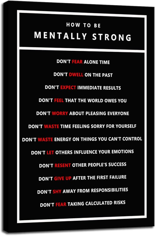 WYJZDZQ8 Inspirational Office Canvas Wall Art Poster Motivational Pictures Canvas Painting How To Be Mentally Strong Print Poster Artwork Wooden Home Decor Room Framed Ready to Hang[12''W X 18''H]