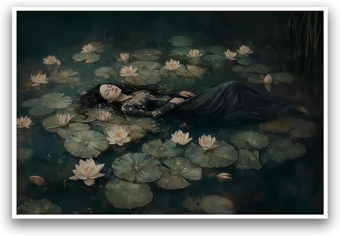 Vintage Moody Wall Art Vintage Woman Wall Art Dark Academia Picture Gothic Poster Women Portrait Oil Painting Victorian Woman in Lily Lake Canvas Print for Home Bedroom Living Room 16x24Inch UnFramed