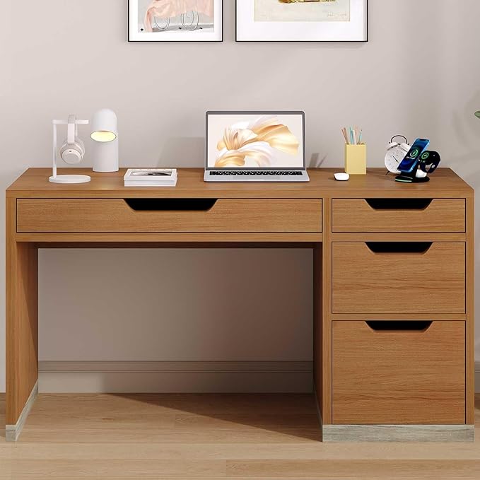 52 Inch Desk with 4 Drawers, Small Computer Desk for Small Space, Home Office Desk with Storage File Drawer for Bedroom, Brown