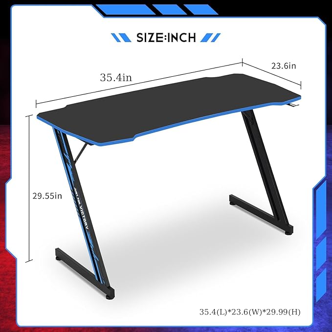 35 in Gaming Desk Z-Shaped Game Computer Desk with Hook Cheap PC Game Table Home Office Desks for Bed Sofa, Gaming Workstation for Kid, Easy to Install, Lightweight to Move, Blue