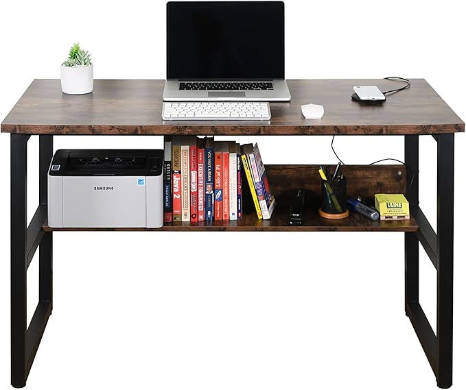 Computer Study Desk with Bookshelf, Large Home Office Desk with Storage and Shelf Industrial Study Writing Drawing Table with Space Saving Design Modern Simple Style Laptop Table