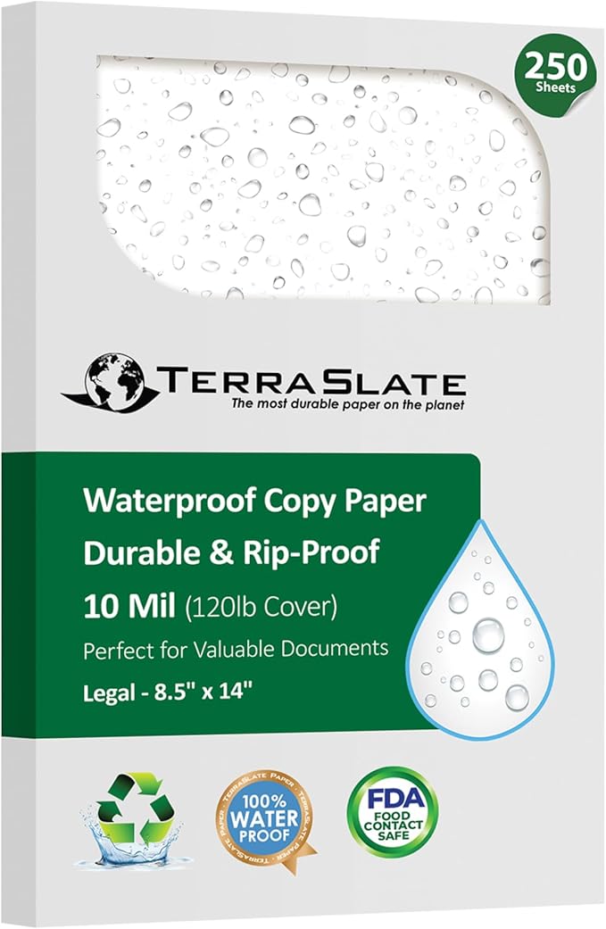 TerraSlate Printable Waterproof Paper for Laser Printer, 10 MIL 8.5" x 14", 250 Sheets, Matte White Printer Paper, Rip-Resistant, Weather/Rain Proof Copy Paper