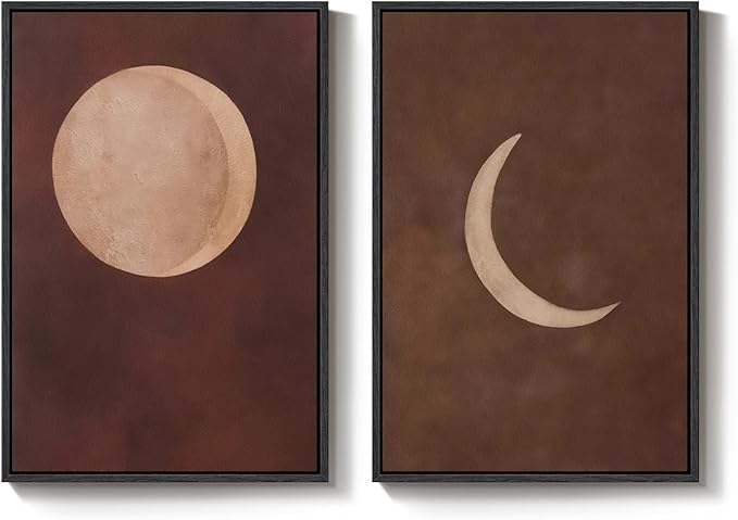 Framed Boho Moon Phase Wall Art Set of 2 for Living Room, Neutral Brown Abstract Minimalist Canvas Artwork for Walls, Bohemian Lunar Celestial Painting Print for Bedroom Hallway Wall Decor, 16x24 Inch