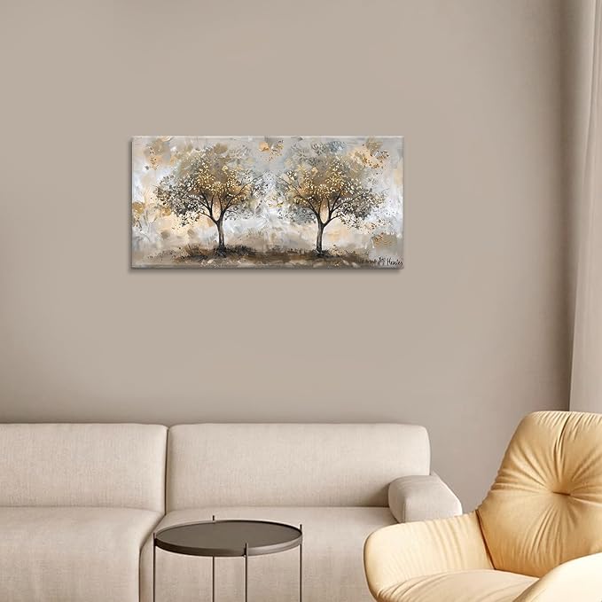 Landscape Gold Tree Wall Art - Autumn Golden Forest Canvas Painting - Bedroom & Living Room Decor