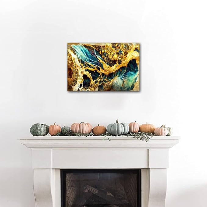 Abstract Canvas Wall Decor Marble Art Picture Artwork Seawater and Flames Poster Printing Modern 1 Panel Canvas Art for Men Lady Living Room Decoraiton Stretched and Framed Ready to Hang 18x12 in
