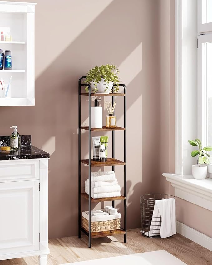 Bookcase Bookshelf, Narrow Book Shelf, Industrial Corner Shelf Storage Organizer, Slim Shelving Unit for Home Office, Living Room, Bedroom, Kitchen, 5-Tier Rustic Brown and Black BC24501B