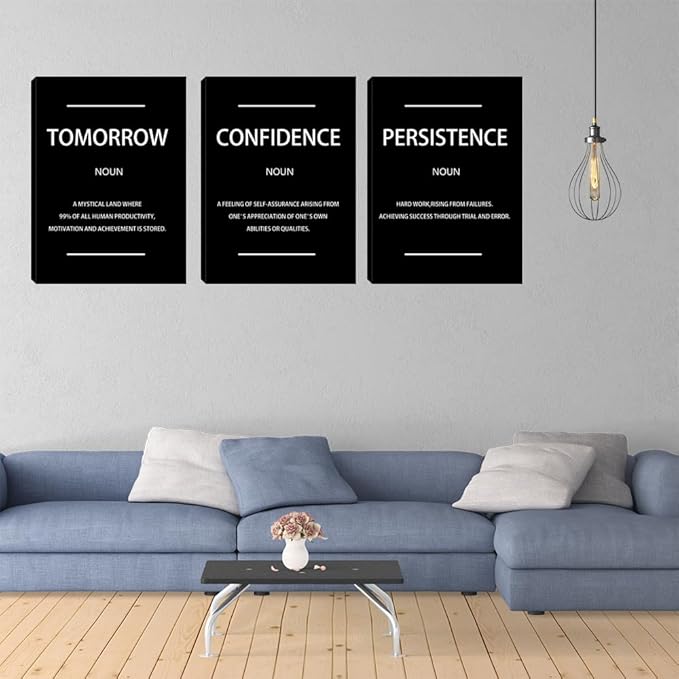 Motivational Black Wall Art Persistence Confidence Tomorrow Noun Inspirational Painting Wall Art 3 Pieces Canvas Print Office Decor Poster Framed Quotes Wall Art Office Decoration - 36" W x 16" H