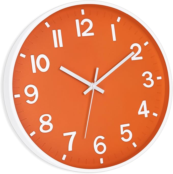 Foxtop Modern Wall Clock Silent Non-Ticking Battery Operated Round Quartz 12 Inch Wall Clock for Bedroom Living Room Kitchen Home School Office Decor (Orange & White)