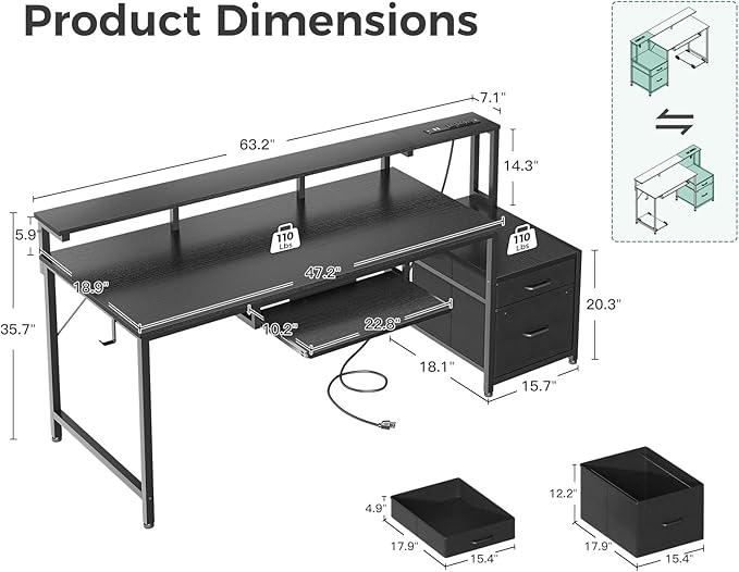 AODK Computer Desk with Drawers and Keyboard Tray, 63" Office Desk with Power Outlet, Reversible Study Work Desk with Printer Shelf and File Cabinet for Home Office, Black