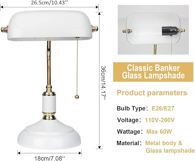 White Glass Bankers Desk Lamp, Vintage Reading Table Lamp, Classic Bedside Light with Brass Pull Chain Switch for Bedroom Home Office