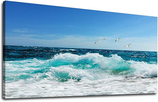 Ocean Waves Canvas Wall Art for Living Room Wall Decor Summer Beach Canvas Pictures Blue Surfing Water Birds on Sea Canvas Prints Artwork Office Home Wall Decorations Framed Ready to Hang 20" x 40"