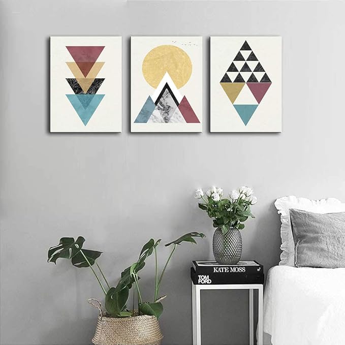 MHARTK66 Abstract Geometry Wall Art Prints, 3 Framed 12 x 16 inch Canvas, Bedroom Living Room Bathroom Decor