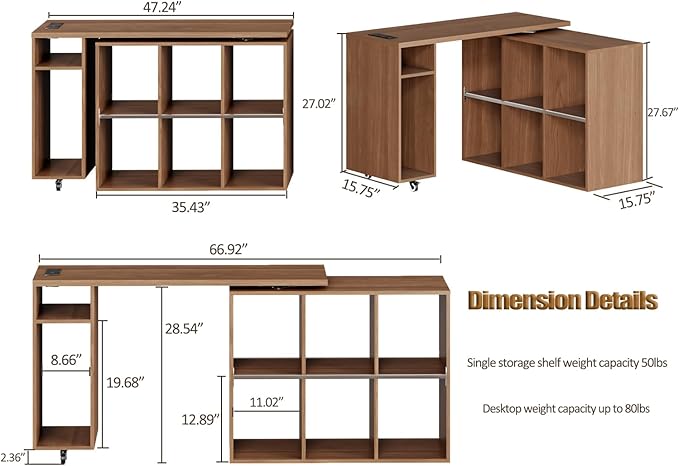 L-Shaped Desk with Storage–Small Study Table with Charging Station, Rotating Writing Desk & Corner Computer Desk for Home Office, 67” Long Bed Side Table（Oak）