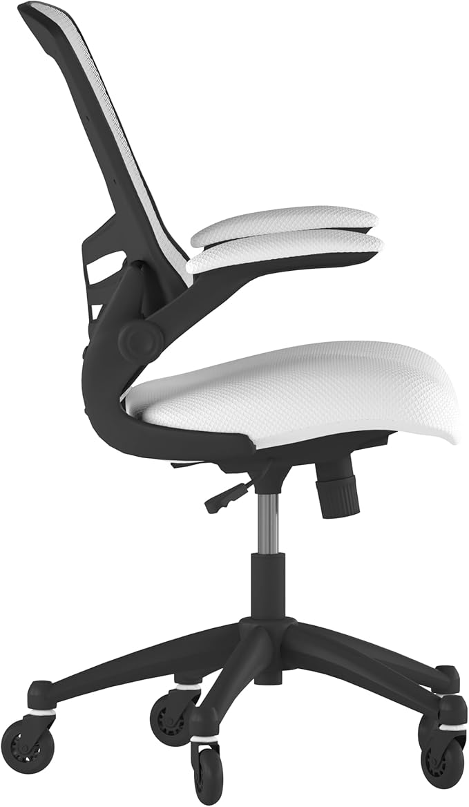Flash Furniture Kelista Mid-Back White Mesh Swivel Ergonomic Task Office Chair with Flip-Up Arms and Transparent Roller Wheels