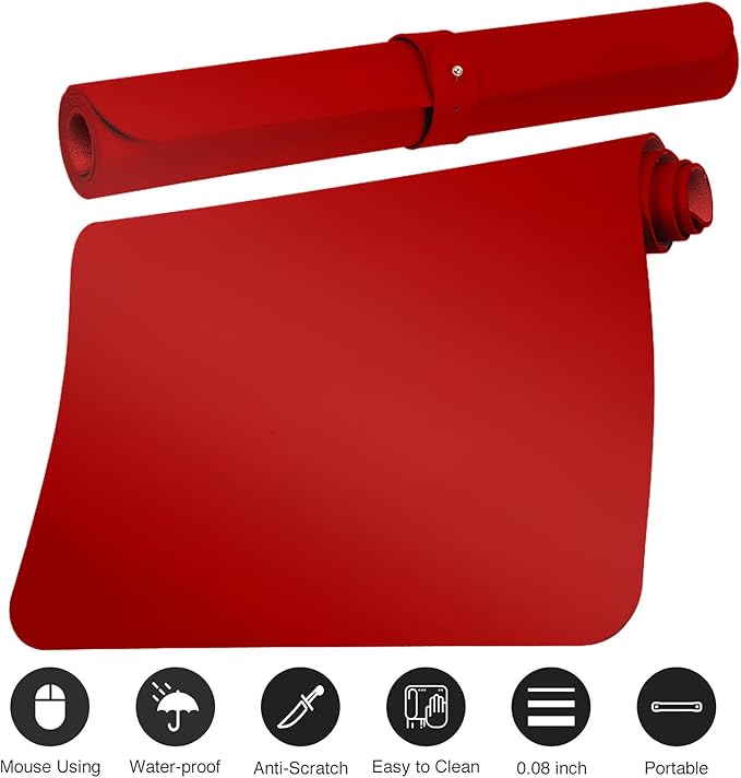 Boutilon Leather Desk Pad Protector,Non-Slip Mouse Pad,Laptop Desk Pad,Office Mouse Mat,Waterproof Leather Desk Blotter,Desk Writing Pad for Office and Home (L-Red,35"x 17")