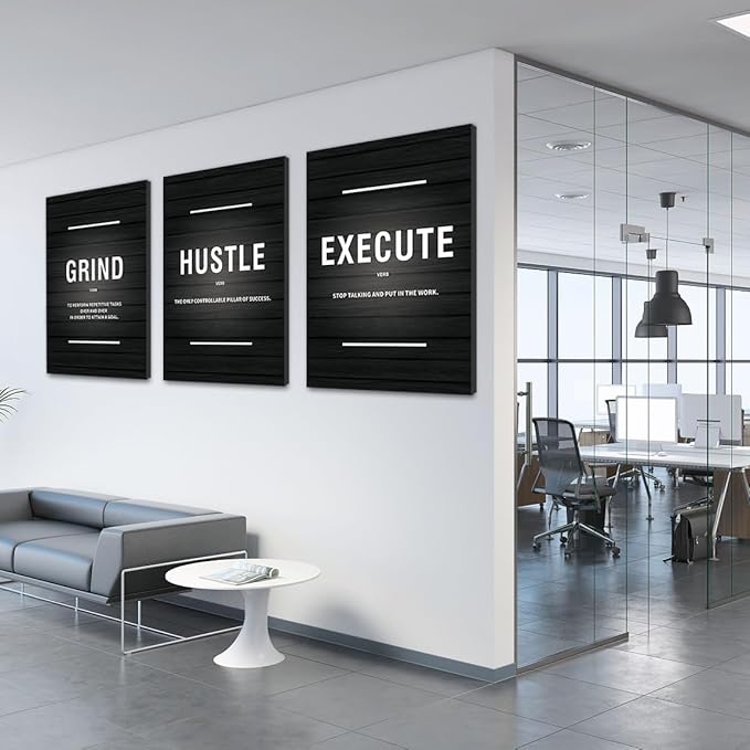 COSCTOR Set of 3 Motivational Wall Art Canvas for Office Workplace Garage Gym Living Room Bedroom Grind Hustle Execute Black and White Wall Decor Inspirational Quotes Posters for Paintings(Framed,12x16)